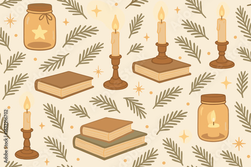 Cozy winter decor featuring books, candles, and jars in a warm atmosphere with evergreen accents