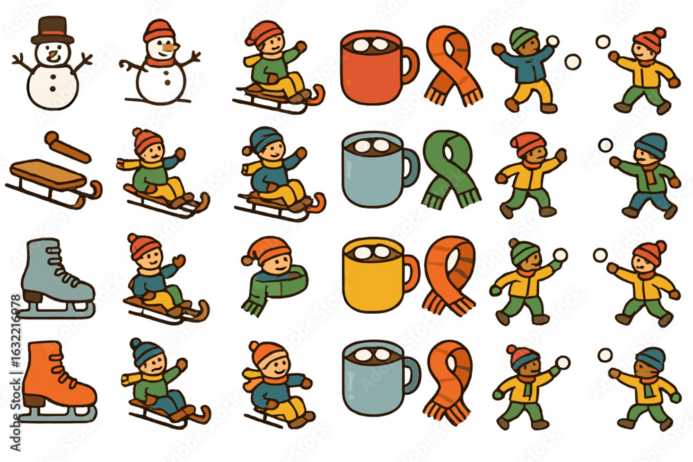 Fototapeta premium Winter activities featuring children playing in snow, enjoying warm drinks, and building a snowman