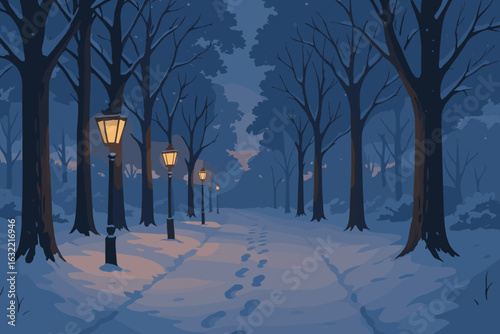 Quiet winter evening in a snow-covered park with lamp posts illuminating the path under a clear sky