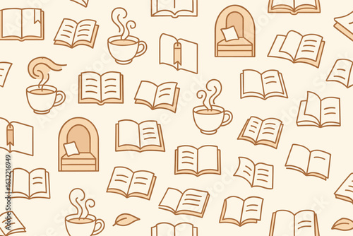 Cozy reading ambiance with warm beverages and open books in a repetitive pattern design