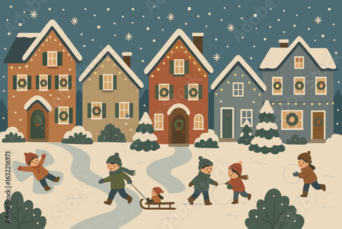 Children enjoying winter activities in a snowy neighborhood with festive decorations