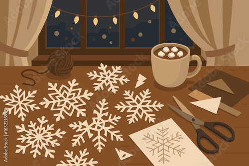 Cozy crafting session at night with snowflake designs, a warm drink, and holiday decorations