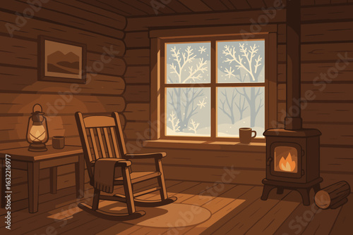 Cozy cabin interior with a view of falling snow from the window during winter