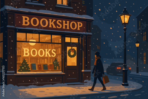 Cozy winter evening at a bookshop with snowfall on the streets and warm lights shining through the windows
