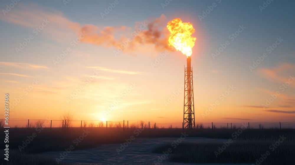 Obraz premium A photorealistic image of a flare stack burning brightly against a clear sky, with visible safety zone barriers in the foreground.