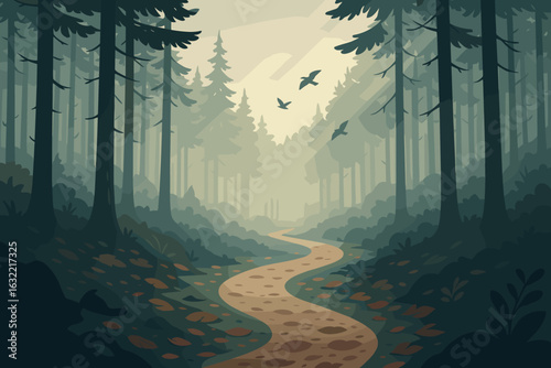 Winding path through a serene forest with mist and birds flying overhead in early morning light