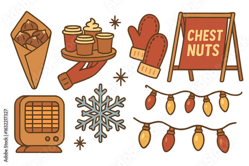 Winter festival treats and decorations featuring chestnuts and festive lights at a local market