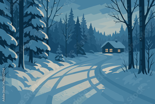 Snow-covered path leading to a quaint cabin in the woods during twilight hours