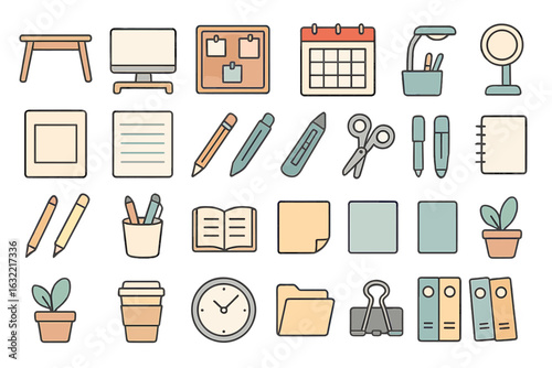 Creative workspace essentials featuring office supplies, plants, and furniture for inspiration and organization needs