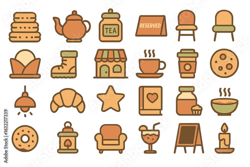 Colorful collection of cozy cafe icons featuring tea, pastries, and seating arrangements for a warm atmosphere