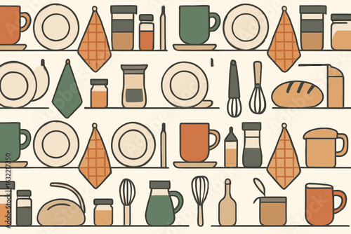 Various kitchen items and utensils arranged in a creative pattern on a light background in a modern style