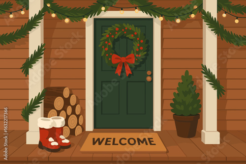 Holiday porch decor featuring a green door, wreath, welcome mat, and Christmas elements