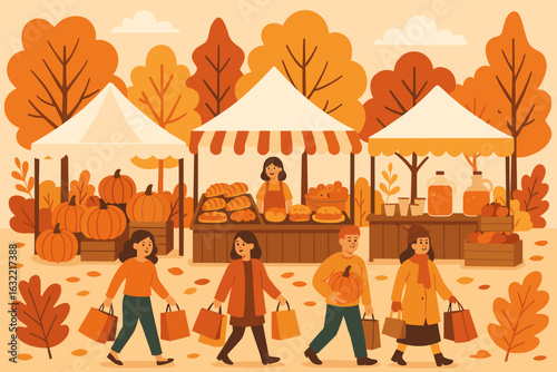 Families enjoy autumn harvest festival with fresh produce and baked goods on a crisp fall day