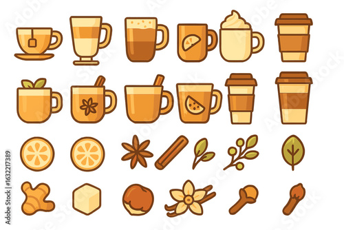 Variety of warm beverages and ingredients displayed in a harmonious arrangement for a cozy atmosphere
