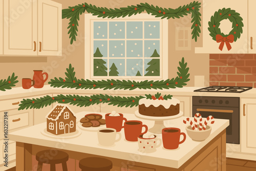 Holiday kitchen filled with festive treats and decorations during a snowy winter day