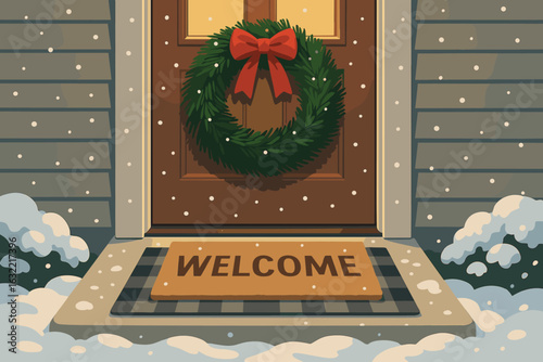 Winter welcome mat with wreath and snow on the doorstep during the holiday season