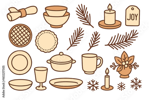 Various simple illustrations of holiday decorations, tableware, and accents with a focus on joy and celebration