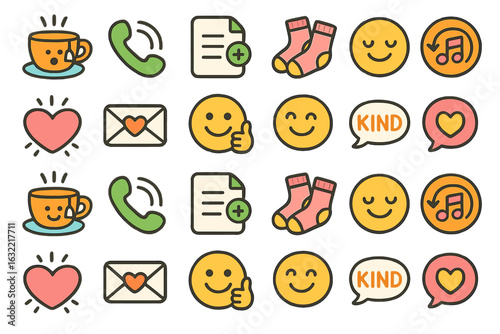 Collection of colorful icons depicting various emotions and activities related to kindness, communication, and warmth in a playful design