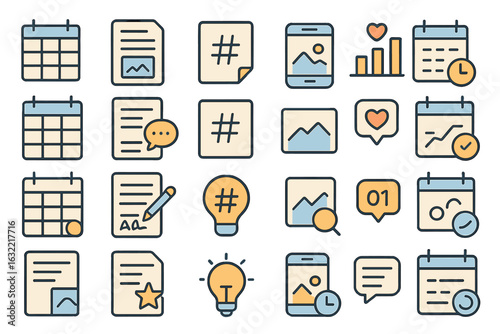 Icons representing organization tools including calendars, notes, and mobile devices in a modern design