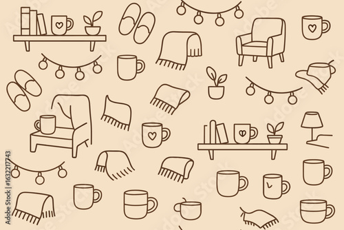 Cozy home decor pattern featuring warm elements and comforting items for a relaxing atmosphere