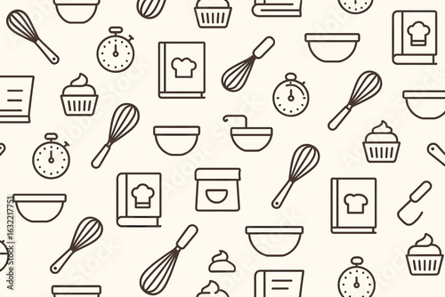 Background pattern featuring cooking tools, utensils, and ingredients in a seamless design suitable for kitchen decor