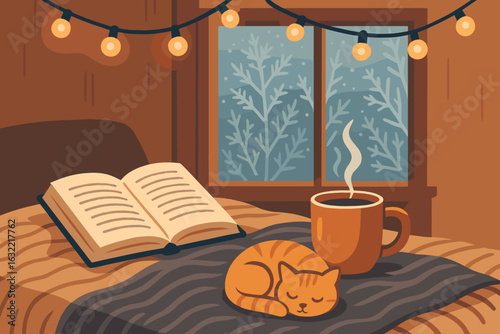 Cozy indoor setting with a sleeping cat, warm cup of coffee, and an open book by a frosted window