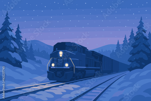 Locomotive travels through a snowy landscape during twilight in a peaceful winter setting