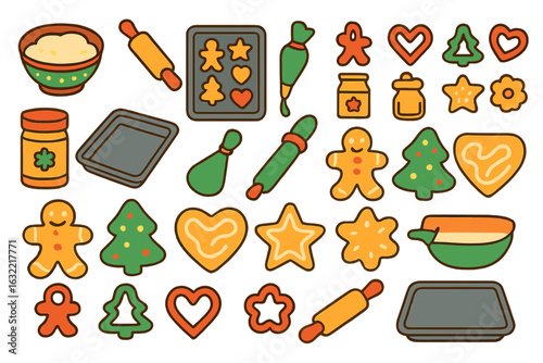 Unique collection of holiday baking items in vibrant colors showcasing various shapes and tools for festive cookie making