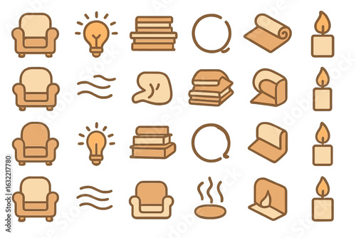 Icons representing home comfort, relaxation, and cozy atmosphere with furniture elements, light sources, and decorative items