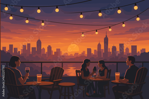 Friends enjoying drinks on a rooftop during sunset with city skyline in the background