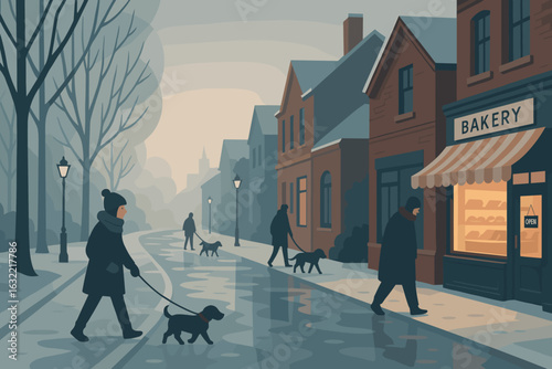 People walking dogs along a quiet street near a bakery during a foggy winter morning