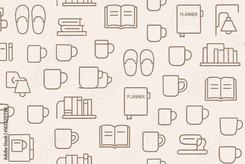 Cozy workspace pattern with mugs, books, slippers, and planners for a creative atmosphere