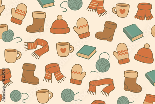 Cozy winter pattern featuring mittens, hats, books, and yarn in warm colors