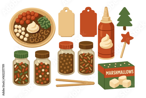 Festive dessert toppings and ingredients for holiday treats displayed on a table in a cozy kitchen setting