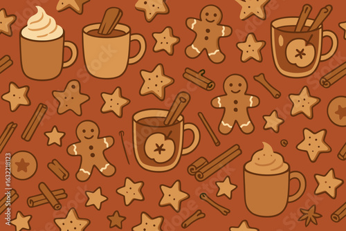 Cozy winter pattern featuring cups, cookies, and spices in warm colors