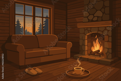 Cozy cabin interior with fireplace and warm ambiance during sunset in the mountains