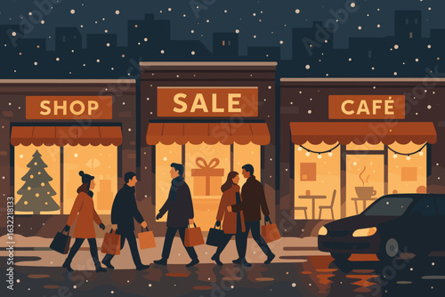 Winter evening shopping scene with pedestrians carrying bags near festive storefronts