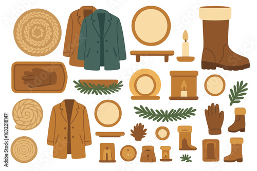 Warm autumn collection featuring coats, boots, and accessories on a light background