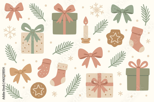 Festive holiday decorations featuring gift boxes, candles, and cookies arranged in a cheerful pattern