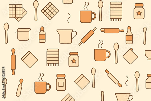 Kitchen utensils and ingredients pattern in warm colors for culinary design inspiration and decoration