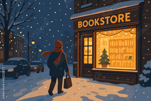 Snowy evening stroll by a cozy bookstore with warm lights inviting readers in during the winter season