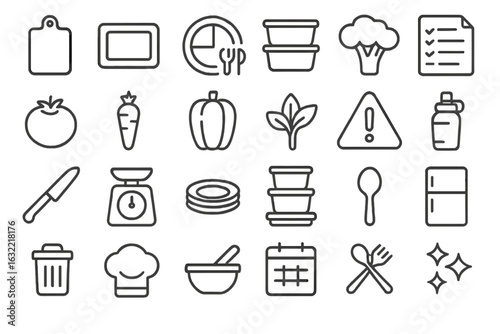 Icons representing various aspects of food preparation and meal planning in a kitchen setting