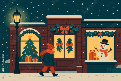 Winter evening stroll past decorated storefronts with Christmas lights and a snowman in a snowy neighborhood