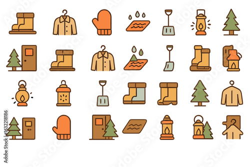 Winter clothing and outdoor gear icons featuring snow boots, mittens, lanterns, and trees in a simple design layout