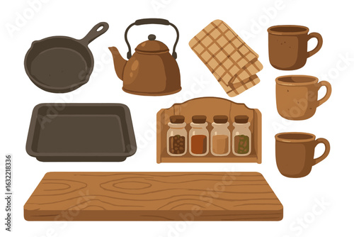 Kitchen essentials displayed with pots, dishes, cups, and spices arranged on a wooden countertop in a cozy domestic setting during daylight hours