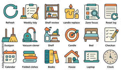 Organizational tools and home care icons representing various household tasks and activities for efficient living