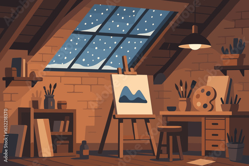 Cozy artist studio with snowy view, easel, and painting tools in a rustic attic during evening hours