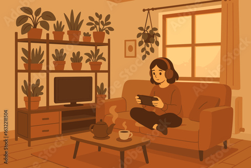 Enjoying a peaceful afternoon gaming in a cozy plant-filled living room with warm tones