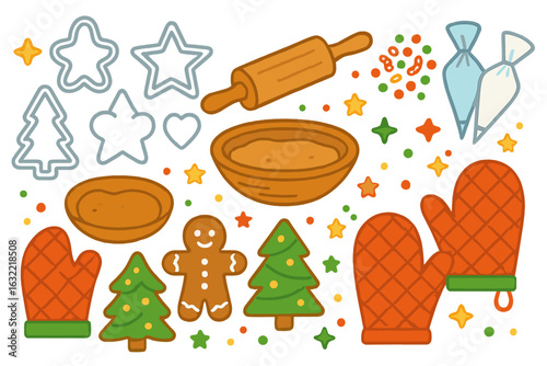 Festive baking supplies and holiday decorations featuring trees, stars, and gingerbread shapes in a cheerful arrangement