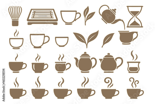 Variety of tea and coffee accessories featuring teapots, cups, and brewing tools in a minimalistic style